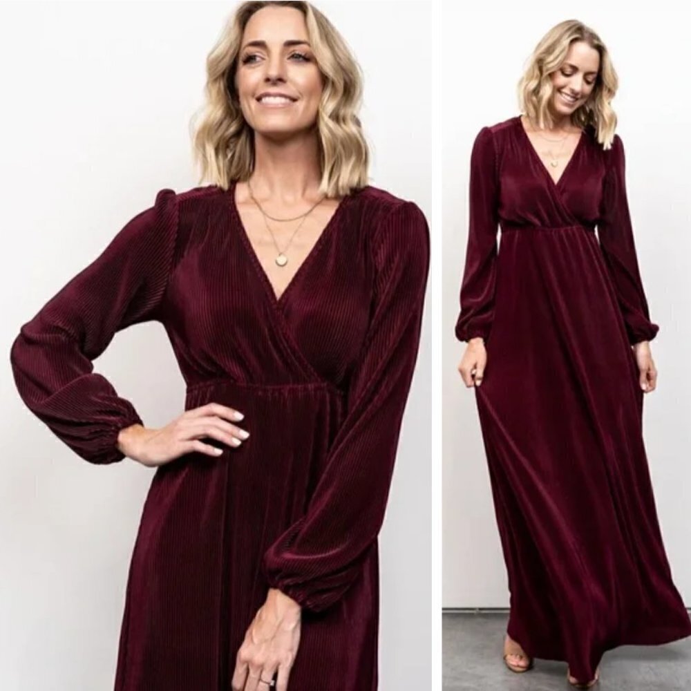 NEW Baltic Born Venus Pleated Satin Maxi Dress Burgundy Red Influencer Favorite
